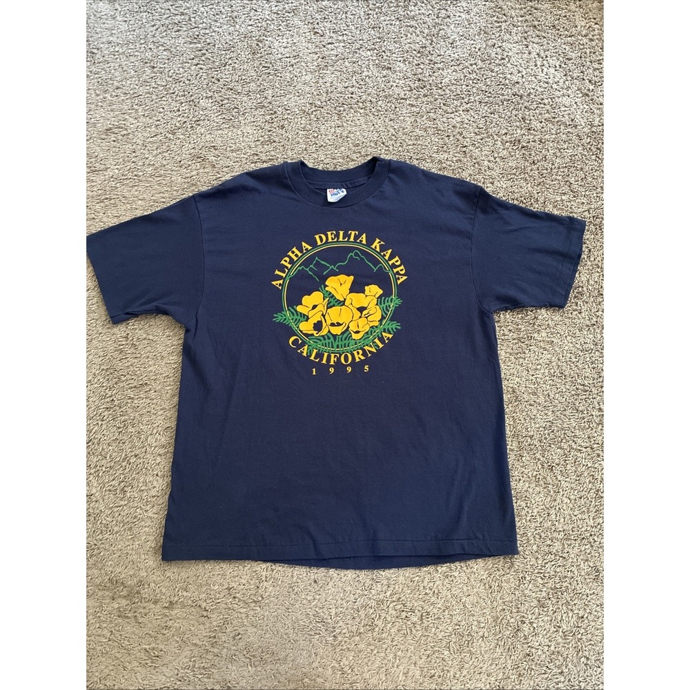 Vtg Hanes Alpha Delta Kappa California Sorority T Shirt Single Stitch Navy XL
